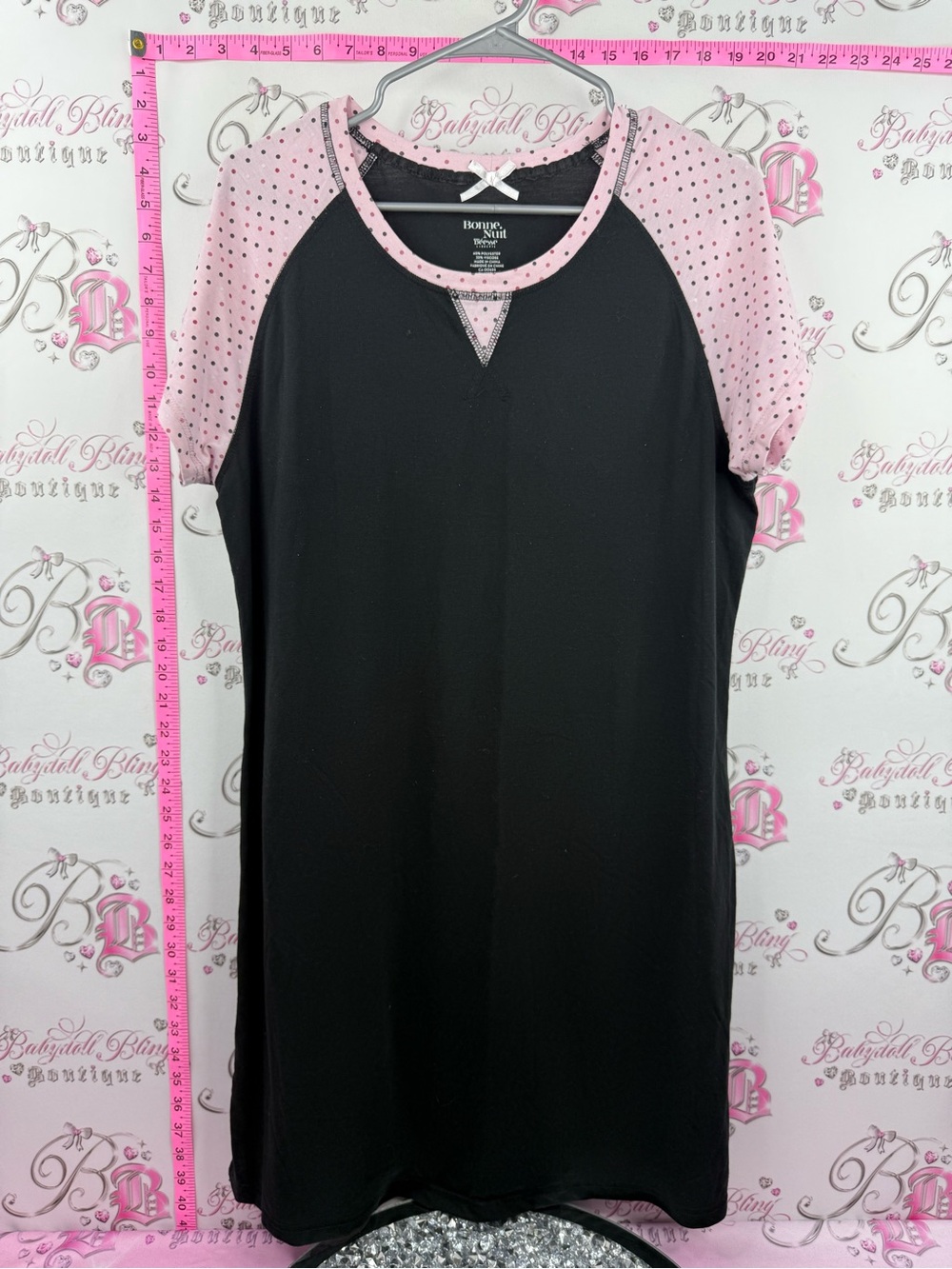 Bonnie NUIT dress pj Black Midi Dress with Pink Polka Dot Sleeves
